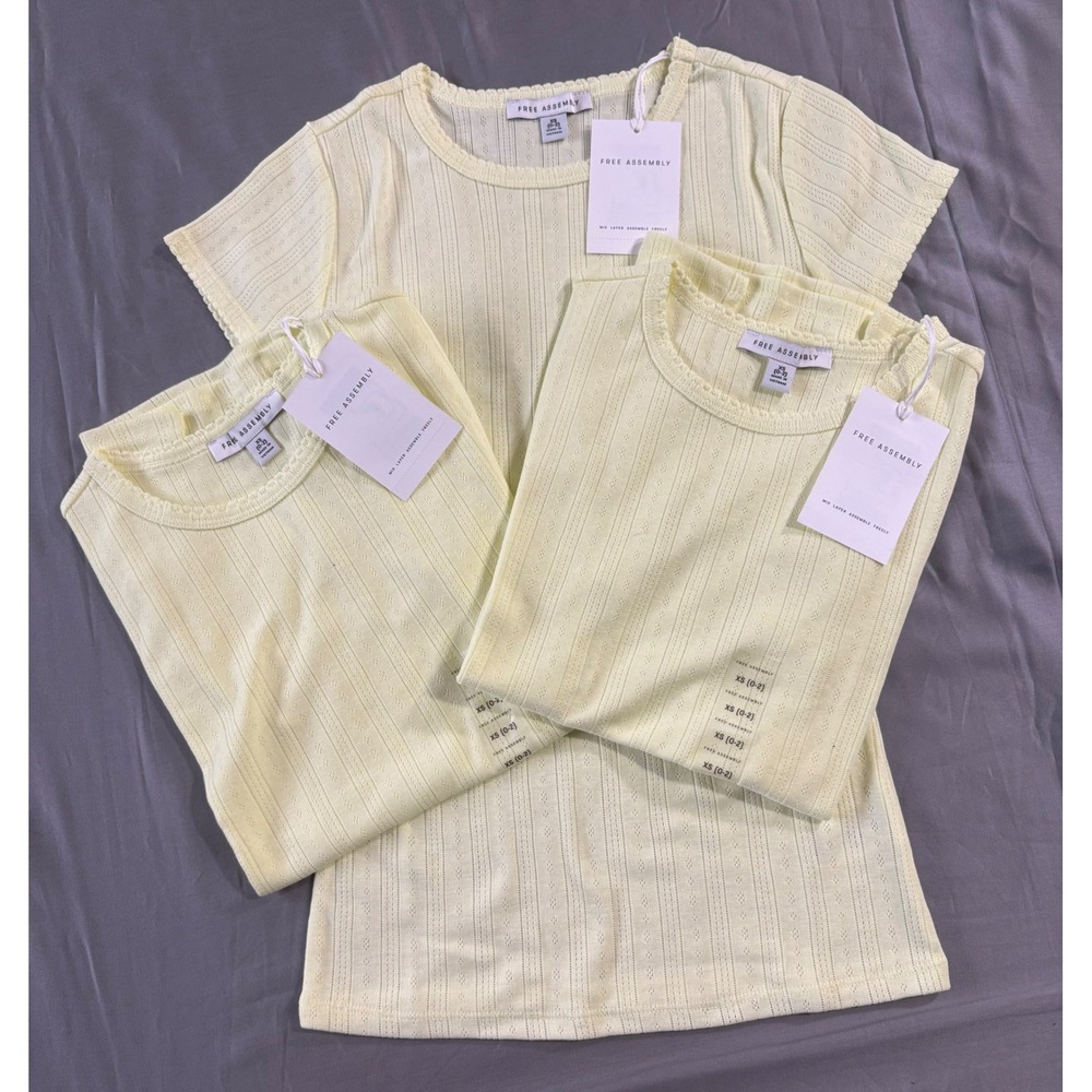 Free Assembly Womens Pointelle Mini Tee Pale Yellow Short Sleeve XS NWT Lot of 3